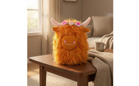 Orange Shaggy Stuffed Cow Faux Fiber Highland Cow Stuffed Farm Animal Plushie Embroidered Floral