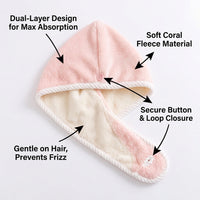 Fleece Drying Towel Turban for Women, Double Layer Super Absorbent Wrap for Adults, Post Bath Rapid Cap