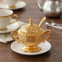 Ornate Sugar Bowl with Lid and Spoon Vintage-Style Sugar Bowl with Spoon Gold-Colored Elegant Embossed for Collectors