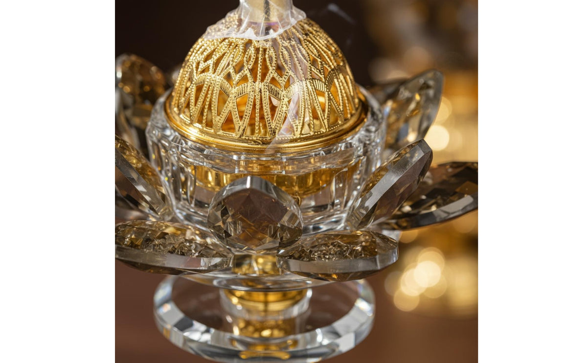 Gold Color Crystal Glass Incense Burner Gift Ready Lotus Incense Holder Calming and Relaxing Crystal Lotus Holder for Living Room, Party, Special Events
