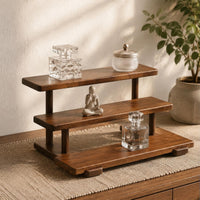 Vintage Style Three-Tier Wooden Rack Stepped Design Wood Display Rack Rounded Corners Walnut Wood Shelf Polished Finish for Tabletop