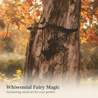 Black Metal Pixie Swinging on Tree Stump Figurine, Magical Forest Theme Decor