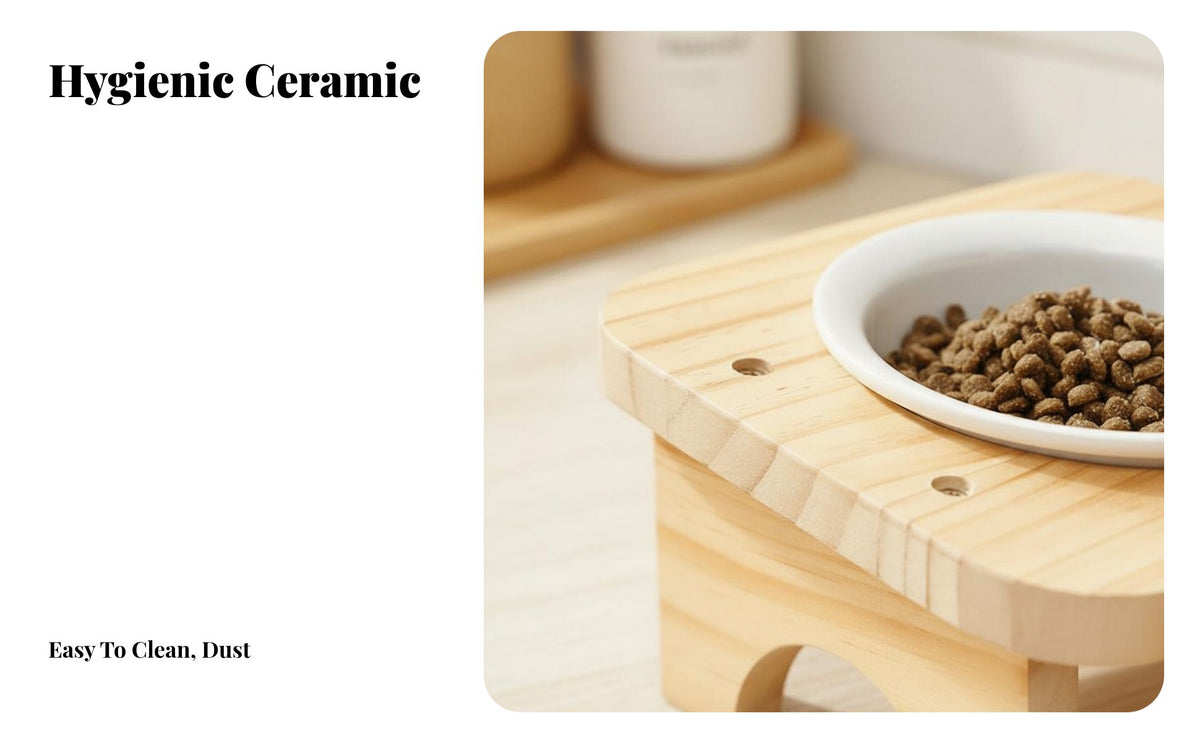 Anti-Tipping Triple Ceramic Pet Bowl with Wooden Stand Easy to Clean Elevated Cat Bowl Set Microwave Safe for Multiple Pets, Small Dogs