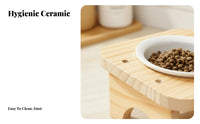 Anti-Tipping Triple Ceramic Pet Bowl with Wooden Stand Easy to Clean Elevated Cat Bowl Set Microwave Safe for Multiple Pets, Small Dogs