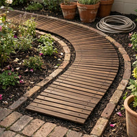 Curved Garden Walkway Slatted Carbonized Wood Panel Curved Wood Walkway Brown Outdoor Flooring Closely Spaced for Landscape