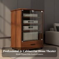Heat Dissipation Design Wooden Amplifier Cabinet Heavy-Duty Construction Stereo Cabinet with Wheels Adjustable Shelves Solid Wood Media Stand for Audiophiles, Studio, Conference Room