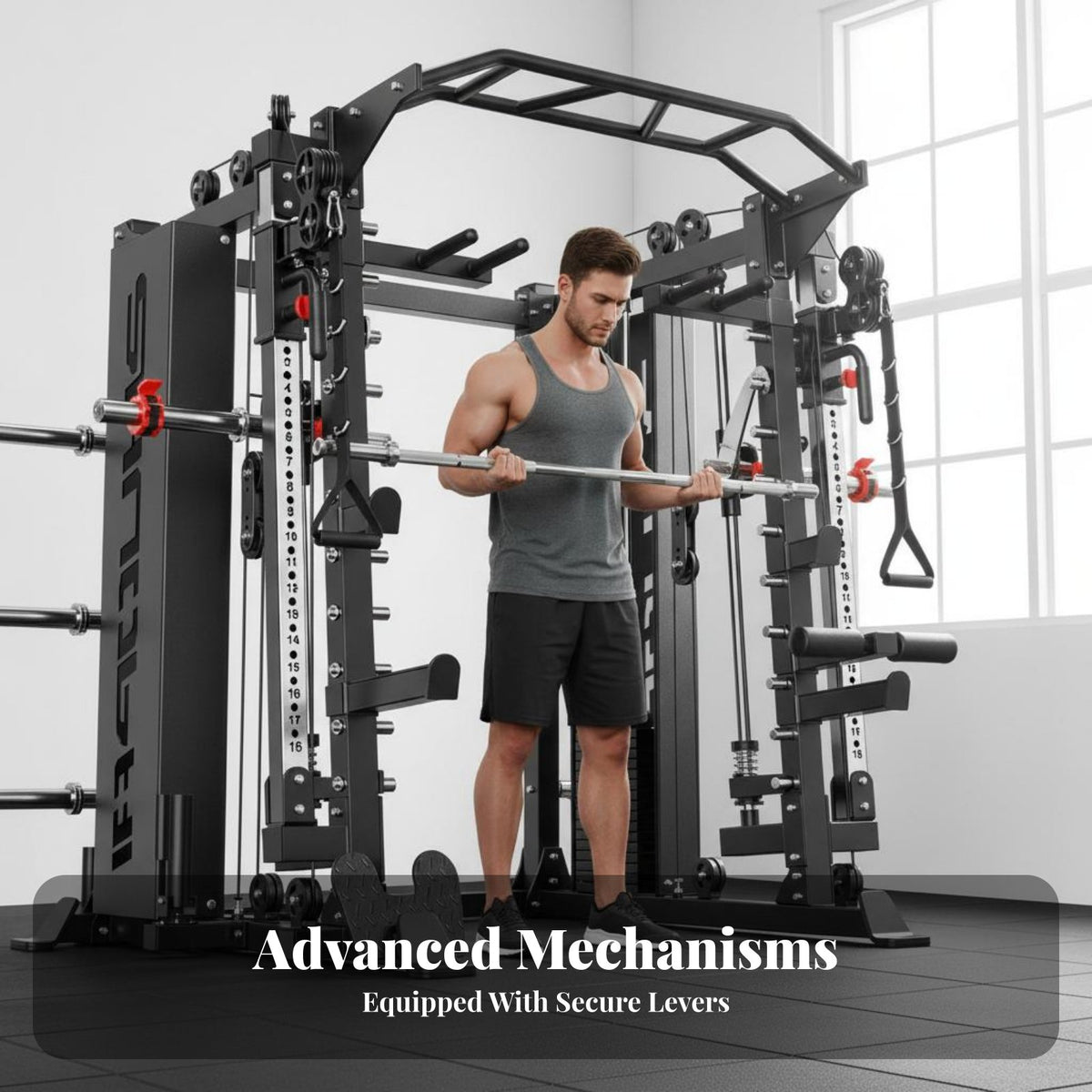 Guided Machine Strength Rack Combo Full Body Workout Complete Home Fitness Setup Heavy-Duty Steel Frame Squat and Bench Press Rack