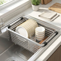 Dish Rack and Dish Drainer with Kitchen Utensil Holder, Adjustable Stainless Steel Sink Drainer, Space Saving Over Sink Drain Rack for Cutlery