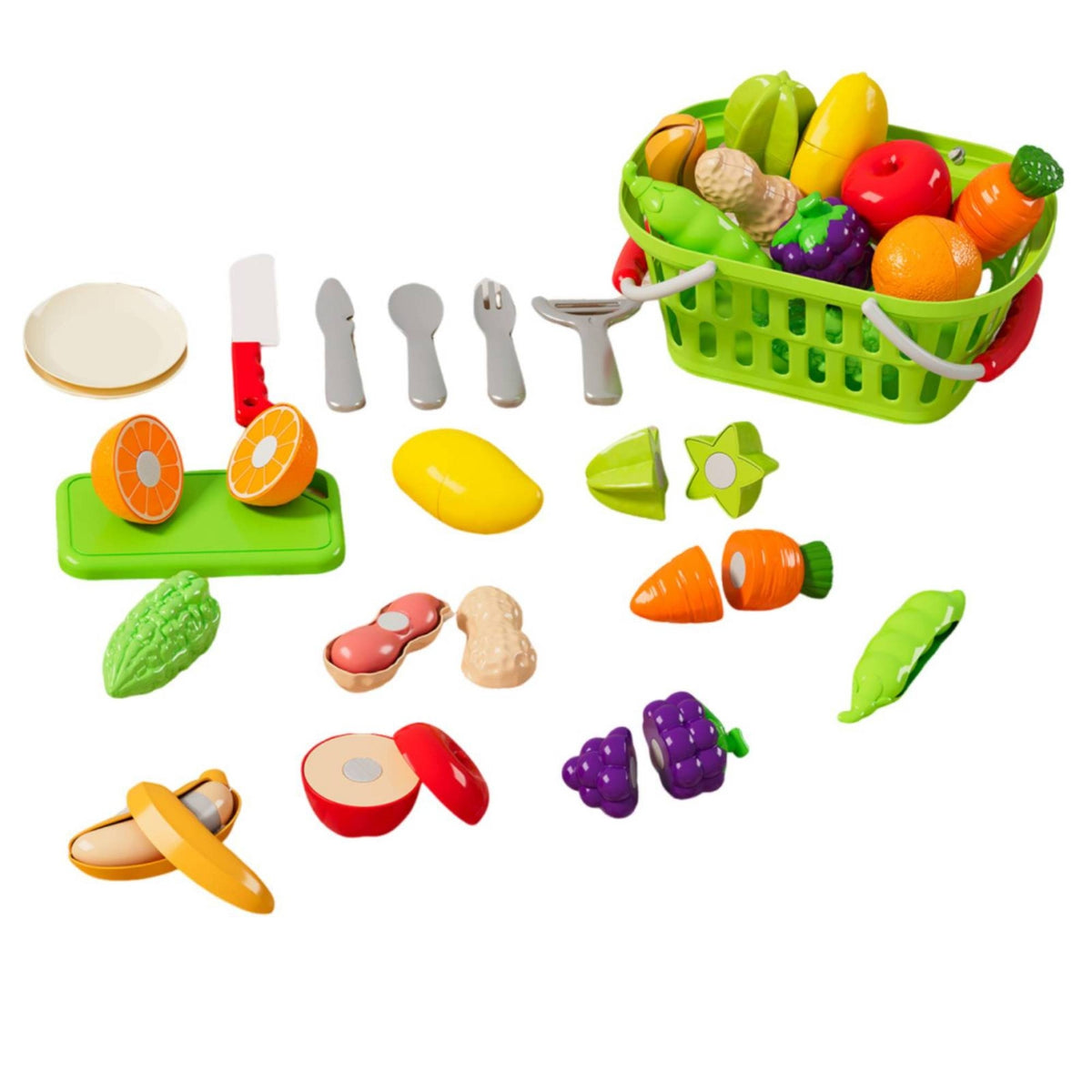 19 Pieces Reassembly Toy Fruit and Vegetable Set Green Handled Cutting Play Food Set Colorful Cutting Play Food Molded