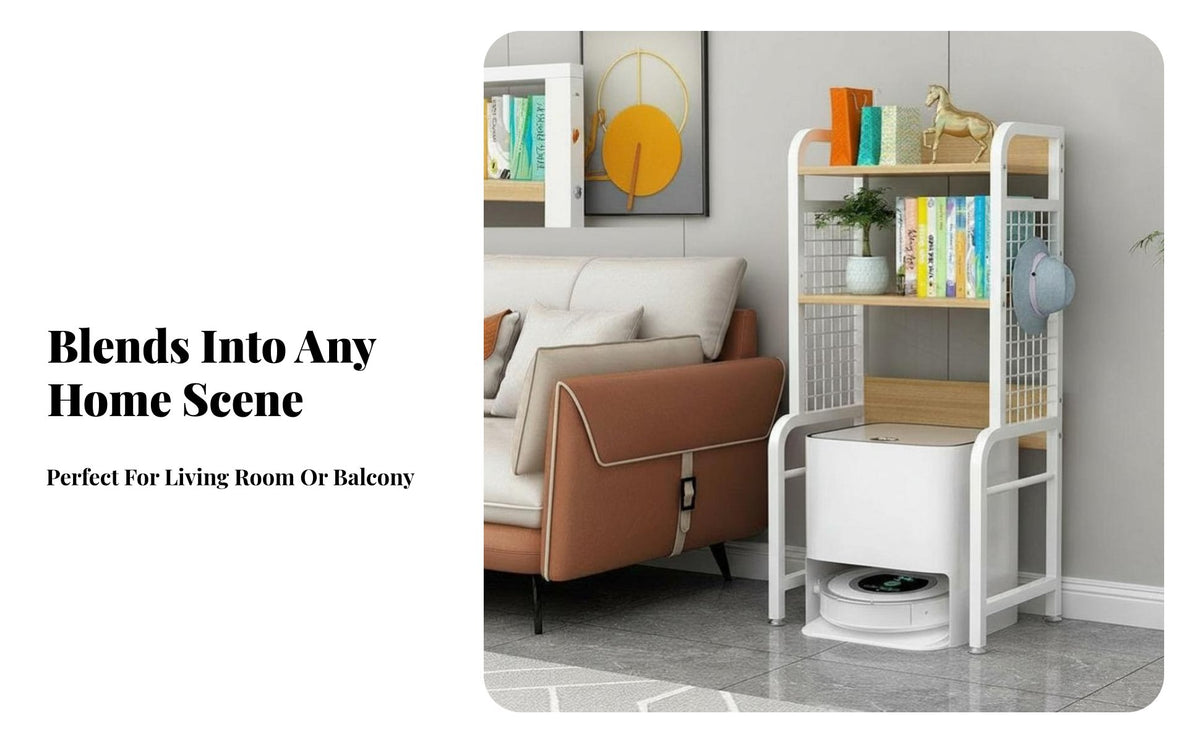 Multi-Functional Robot Vacuum Stand Space-Saving Shelving Unit Freestanding Design Utility Rack Tidy Charging Station for Organization lovers, Apartment Dwellers, Homeowners, Living Room, Balcony, Small Spaces, Hallway