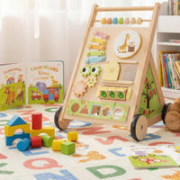Wooden Infant Push Cart Develops Fine Motor Skills Multifunctional Activity Push Cart 8-in-1 Activities Wooden Push Toy for Young Children, Infants