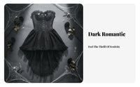2 Pieces High-Low Hem Strapless Corset Dress with Lace Shrug without-Shoulder Design Lace-up Bustier and Skirt Set Waist Cinching Dark Romantic Outfit Ruffled Trim for Goth Enthusiasts, Young Adults, Photoshoots, Cosplay Events, Stage Performance