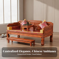 Chinese Arhat Bed Tiger Leg Design Traditional Elm Wood Daybed Tranquil Influenced Solid Wood Carved Couch for Tea Enthusiasts, Homeowners, Reception
