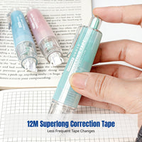 Correction Tape, Push-Button, Large Capacity, Replaceable, 12m Extended Case, PET Tape, Quiet Design