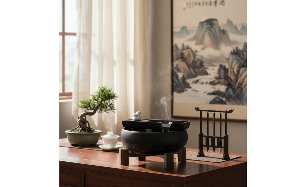 Ceramic Fountain with Wooden Stand Quiet for Tea Table