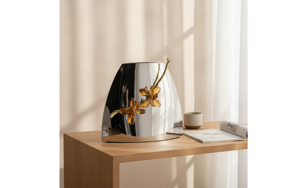 Vase with Crystal Ornament Reflective Stainless Steel Vase Sleek Design for Entryway