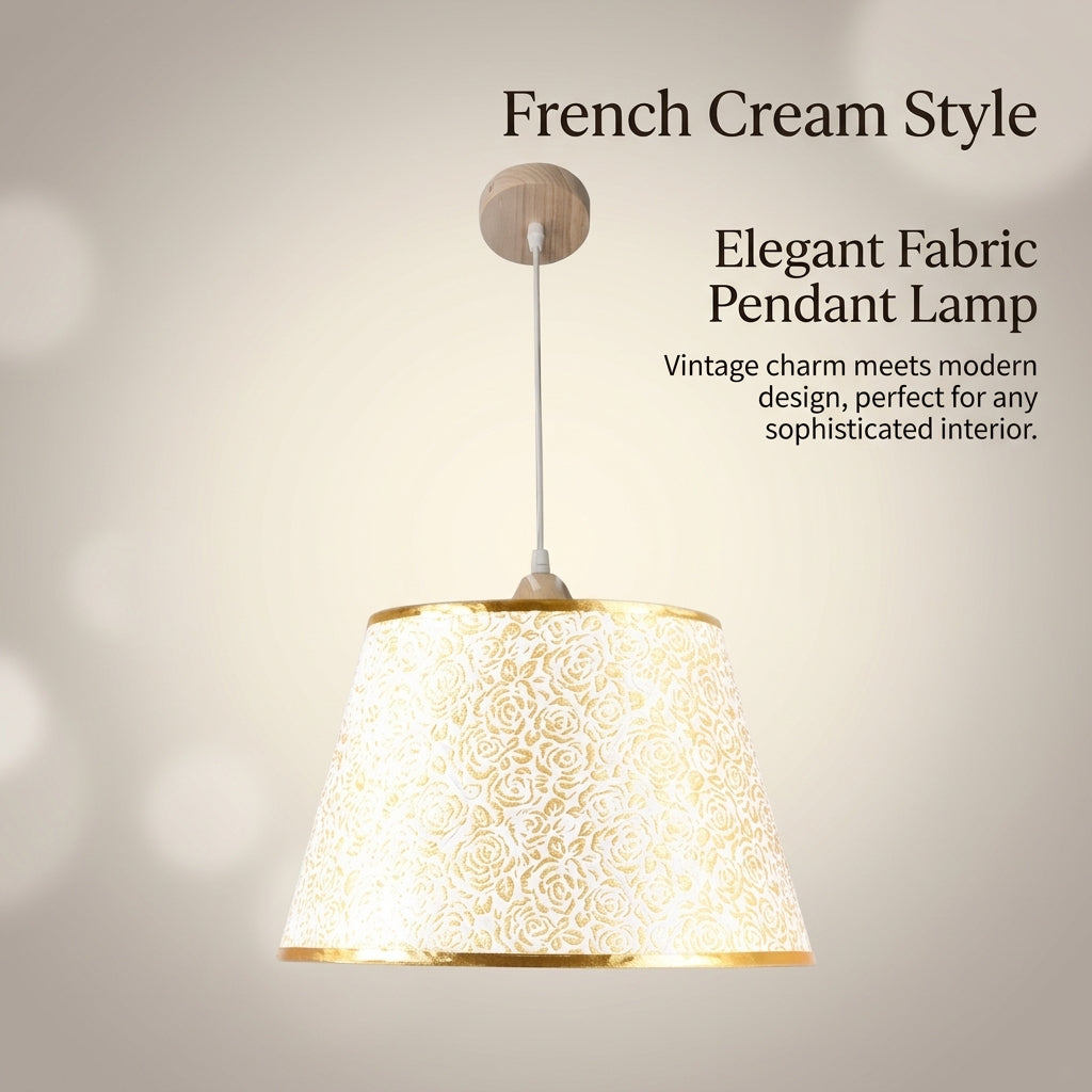 Ceiling Light with Vintage French Cloth Pendant Lamp Shade, Wooden Body Hanging for Dining Room, Retro Bedroom 3 Color Modes