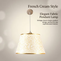Ceiling Light with Vintage French Cloth Pendant Lamp Shade, Wooden Body Hanging for Dining Room, Retro Bedroom 3 Color Modes