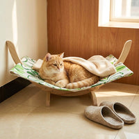 Freestanding Wood Cat Hammock, Elevated Cat Bed with Textile Hanging Swing for Indoor Cats and Small Dogs