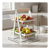 Space Saving Tiered Fruit Basket Large Capacity Multi-Level Food Basket Raised Edges Kitchen Countertop Rack Wooden Handle for Living Room