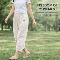 Linen Trousers Womens Harem Pants with Elastic Waistband, Loose Fit Cropped in Blend Material, Casual Summer Wear with Tapered Leg