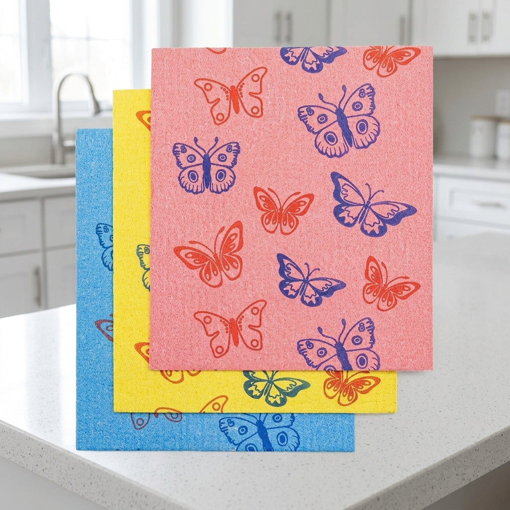 Biodegradable Swedish Dishcloth and Dish Cloths, 17cm X 19.5cm Kitchen Cloth with Winged Pattern Print, Reusable Wood Pulp for Washing Dishes
