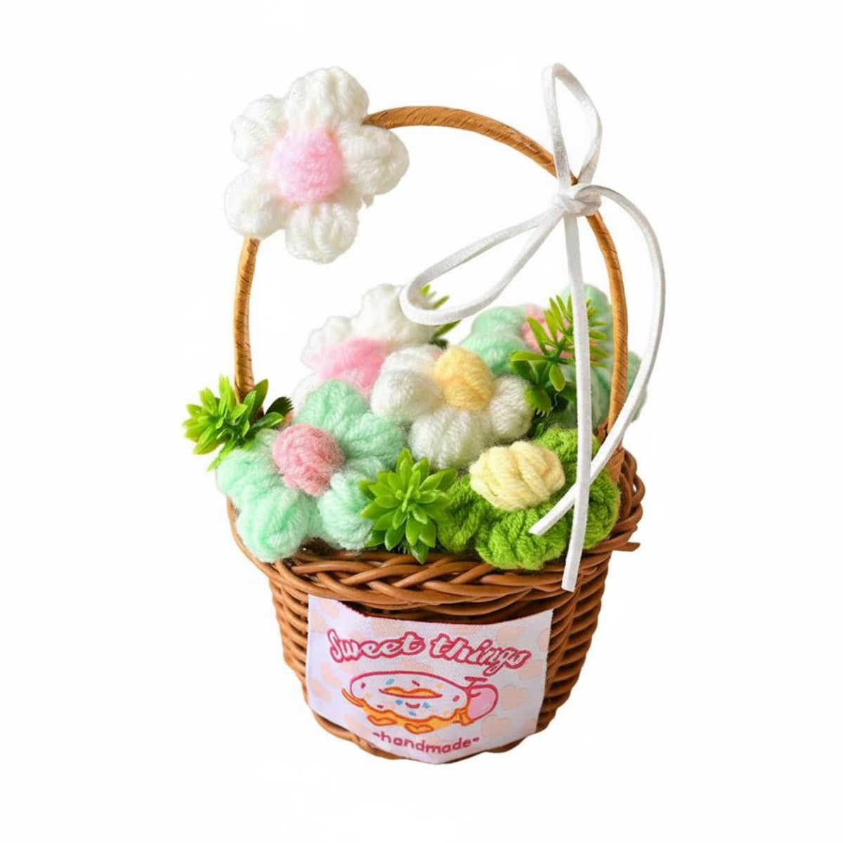 Everlasting Flowers Handmade Knitted Flower Arrangement Never Fade Crochet Flower Arrangement Cute Design Small Woven Basket Ornament Soft Feel for Mothers, Desk, Office