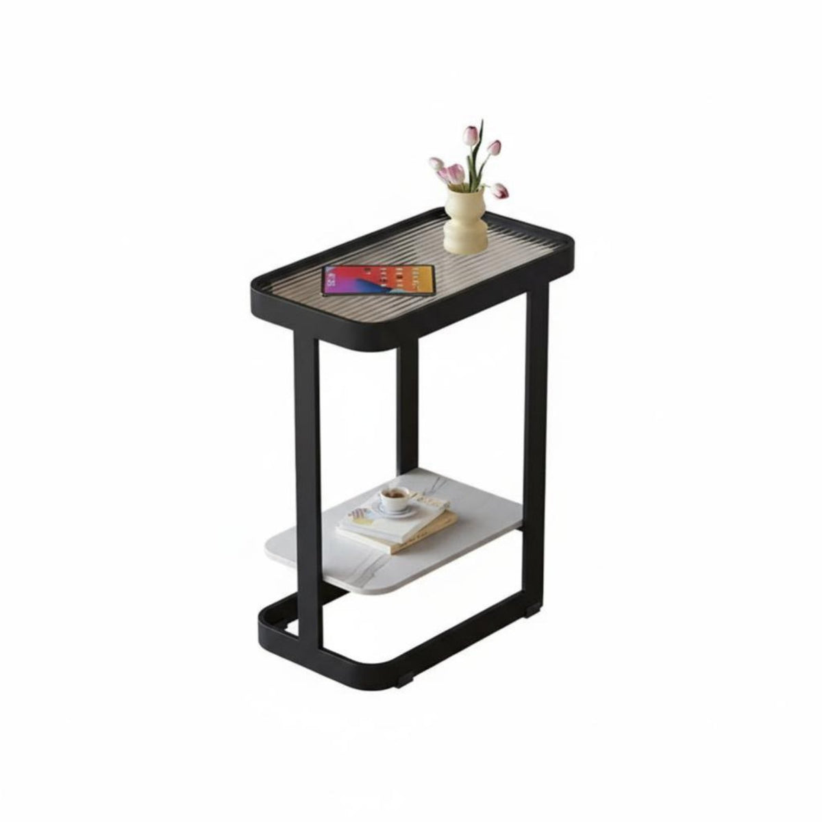 Space-Saving 2-Tier C-Shaped Table Minimalist Design Home Furniture Sturdy Construction Rounded Corners for Apartment Dwellers, Homeowners, Students, Living Room, Bedroom, Small Areas, Balcony