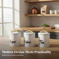3 Pieces Kitchen Canister Set with Wooden Handles Space-Saving Coffee Tea Sweetener Canister Set Metal Food Storage Tins