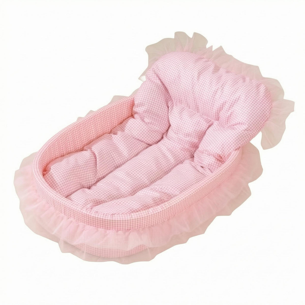 Quilted Oval Pet Bed Checkered Bolstered Pet Bed Supportive Raised Bolsters Ruffle Trim for Cats, Small Dogs
