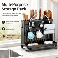Stainless Steel Utensil Holder, Modern Countertop Cutlery Drainer with Double Chopstick & Rag Rack, Drip Tray for Small Kitchens