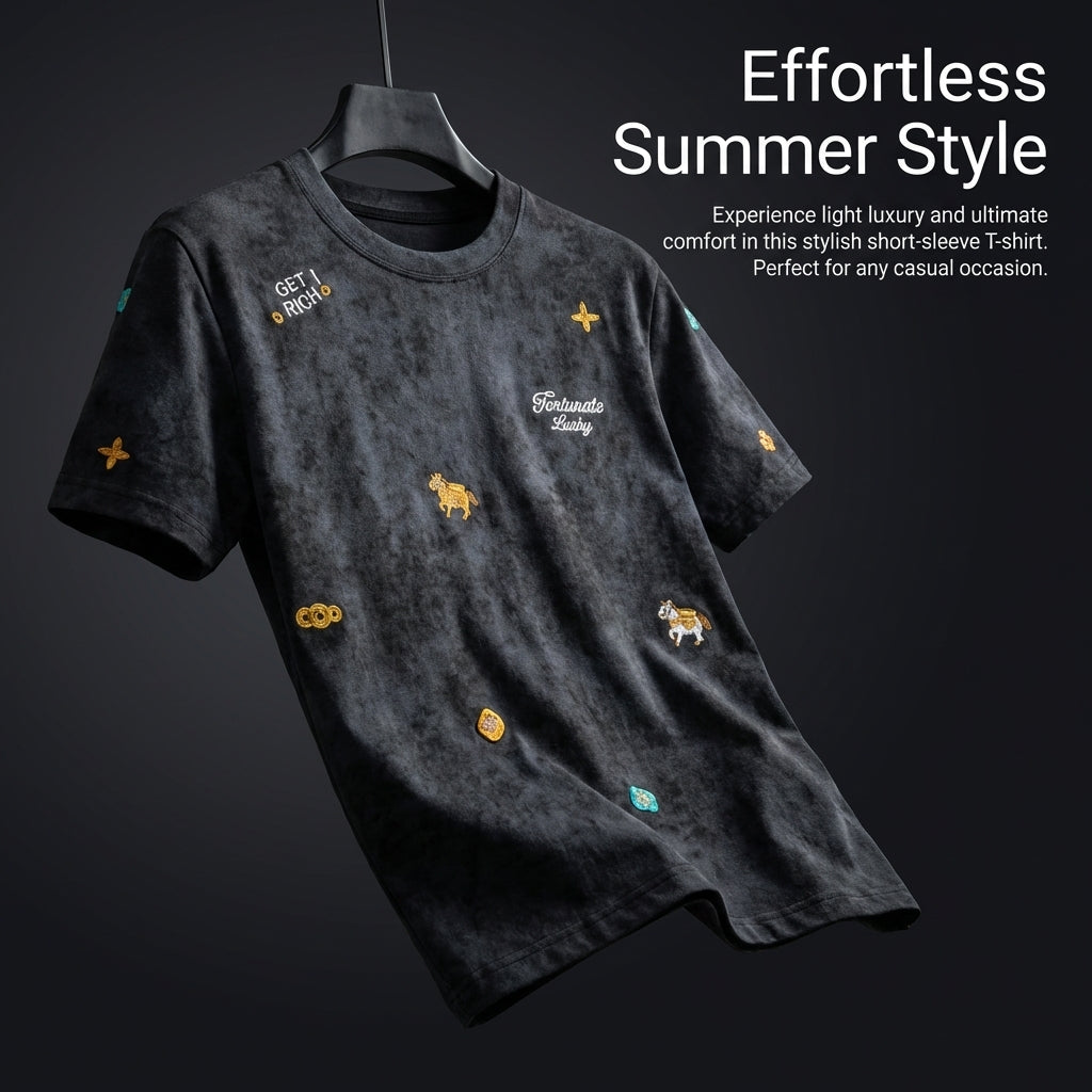 Embroidered Blend T-Shirt for, Short Sleeve Crew Neck Tee, Loose Fit Lightweight Casual Wear for Summer Daily