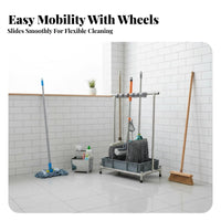 Multi-Functional Floor Standing Mop and Broom Rack With Drain Tray Movable Mop Rack Heavy Duty Freestanding Broom Holder Flexible Loaded Holders for Janitors, Commercial Areas, Janitor's Closet, Garage, Warehouse
