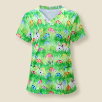 Easter Print Rounded Neck Nurse Uniform Top Side Slits Nursing Tunic Breathable Women's Scrub Top for Nurses, Caregivers, Hospital, Spa Center