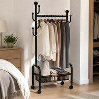 Freestanding Double Rod Garment Rack with Storage Basket