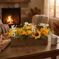 Helianthus Centerpiece with Wooden Planter Summer Floral Arrangement Decorative Decor for Shelf