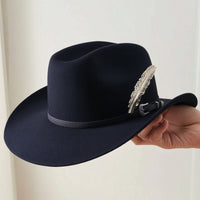 artificial Wool Hat Wide Brim Hat with Feather Structured Crown Fedora for Riders, Artists, Stage Performances, Costume Parties