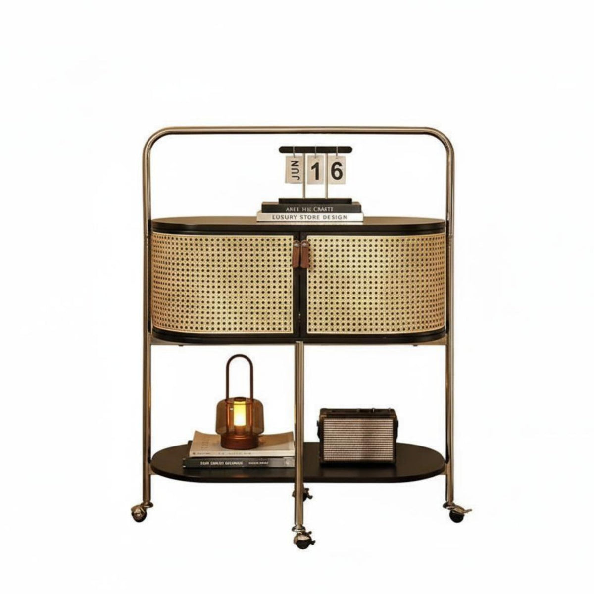 Multi-Functional dual-level Rattan Cart Multifunctional Storage Trolley With casters Side Table Space-Saving Design for Homeowners, Office Workers, Bedroom, Living Room, Small Spaces, Bathroom