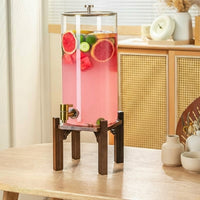 Drink Dispenser with Tap 2 Pack, Glass Water Beverage Dispenser with Wood Stand and Lid, Large Capacity Iced Tea Server for Parties and Buffets