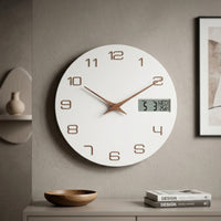 12 Inch Wall Clock with LCD Display 30 Cm Wall Clock with Temperature Display Linen-Textured Silent for Apartments