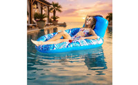 Ice Container Hole Inflatable Pool Lounger Built-in Backrest Inflatable Lounger Raft Foot Rest Floating Lounge Chair Mesh Seat for Adults