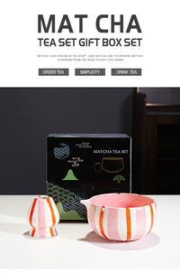 Hand-Painted Striped Ceramic Matcha Tea Set with Whisk Accessory