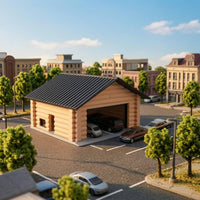 Gabled Roof Parking Garage Model Beige Log-Style Walls Miniature Parking Garage Open-Front