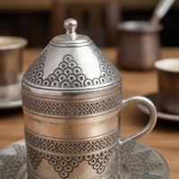 Lid Included Turkish Coffee Cup Engraved Coffee Cup and Saucer Embossed Tableware Geometric