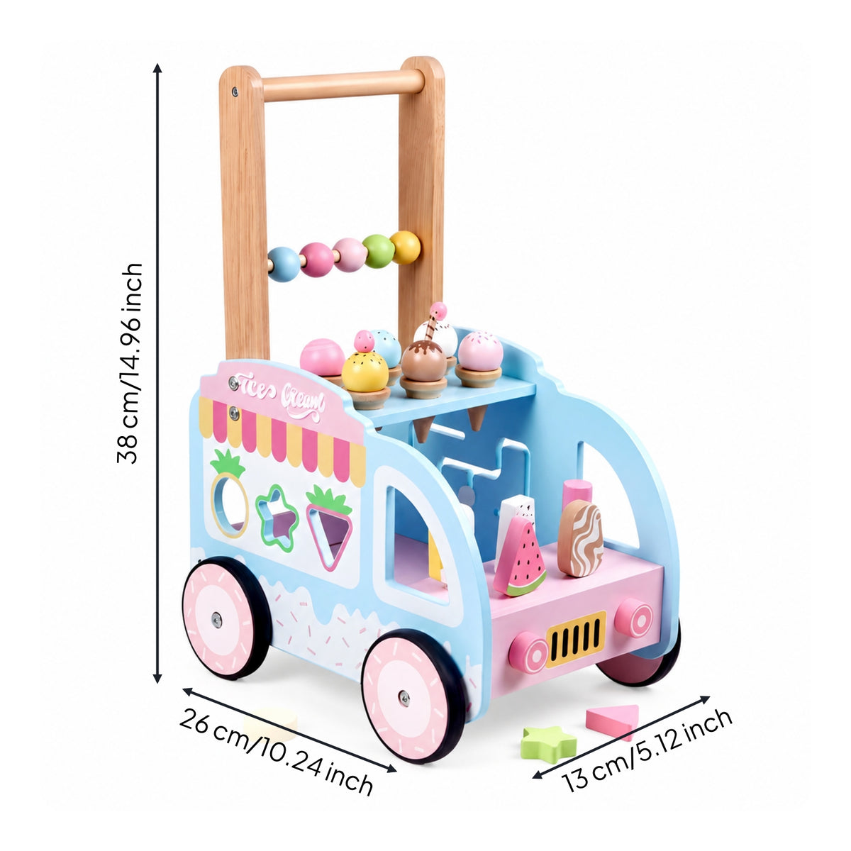 Interactive Ice Cream Truck Pusher Multi-Functional Wooden Baby Push Pusher Push Toy with Bead Maze Child-Friendly for Toddlers, Nursery