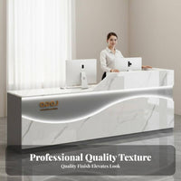 L-Shaped Reception Desk with LED Glossy Finish L-Shaped Cashier Desk Sturdy Construction Front Counter for Business Owners, Company Lobby