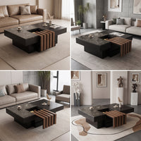 Sliding Surface Coffee Table Marble-Textured Coffee Table with Storage Rectangular for Living Room