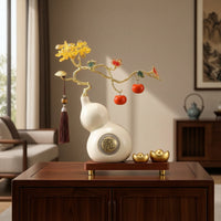 Gold-Tone Gourd Ornament with Wooden Base Traditional Ceramic Gourd Artisanal Statue Glossy for Homeowners, Living Room, Housewarming
