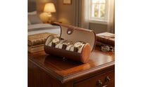 Three-Slot Cylindrical Watch Box Snap Closure PU Leather Watch Box Flap Lid Stitched Exterior