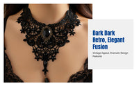 Dark Choker Necklace, European Retro Court Style, Lace Tassel Drop, Garnet Accent, Women's Fashion Jewelry